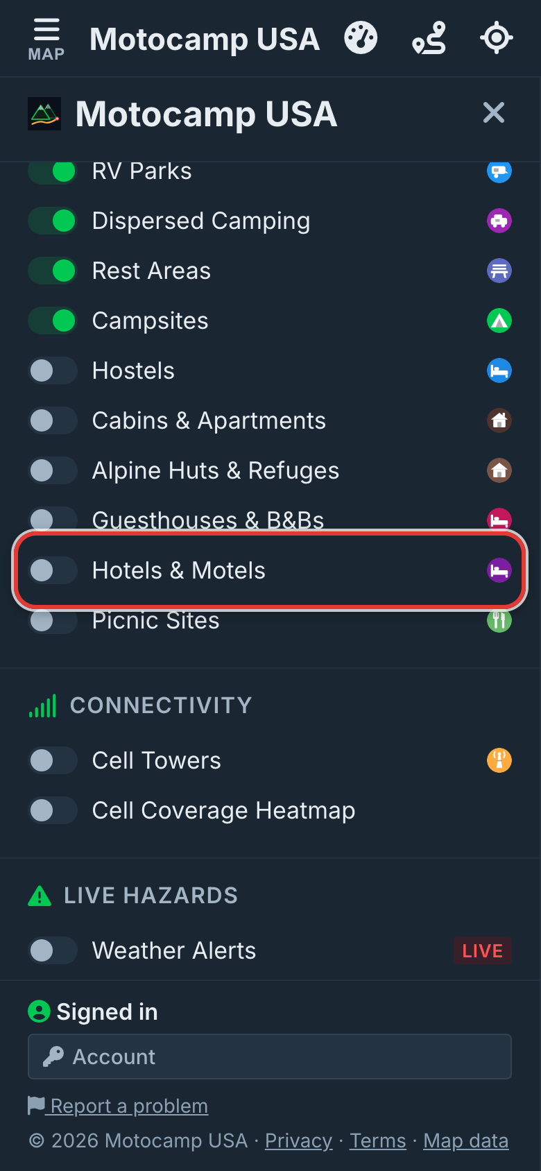 Turn on Hotels & Motels, on a phone