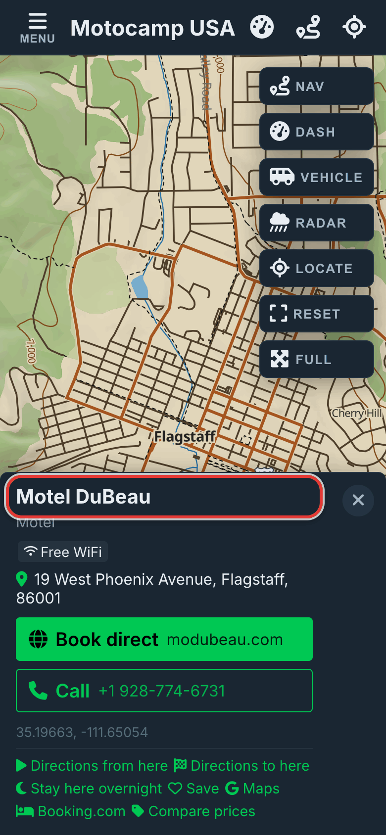 Tap a motel, inn or cabin, on a phone