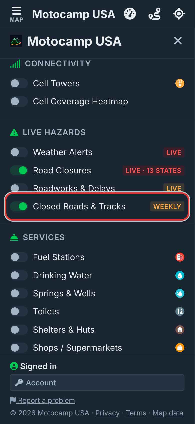 See closed roads on the map, on a phone