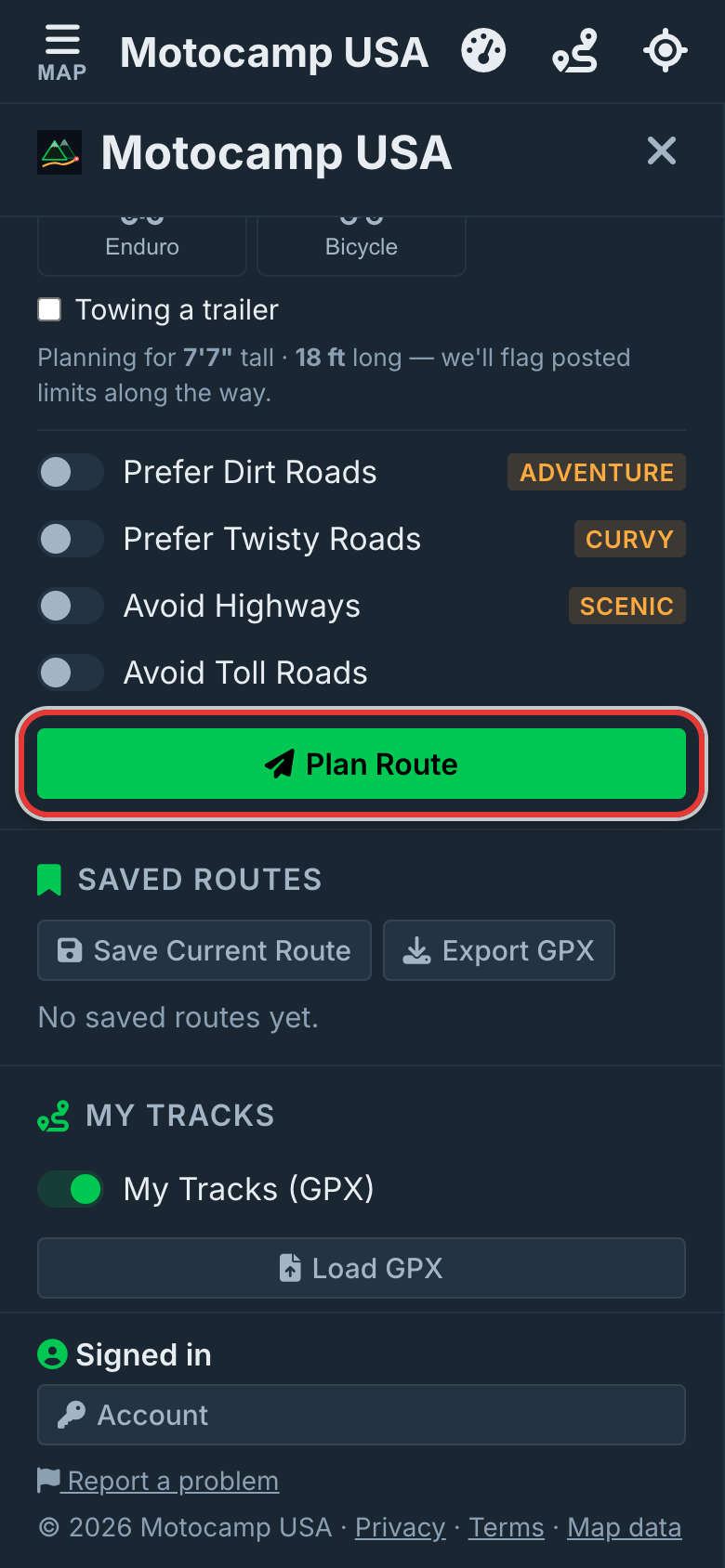 Pick your vehicle, then Plan Route, on a phone