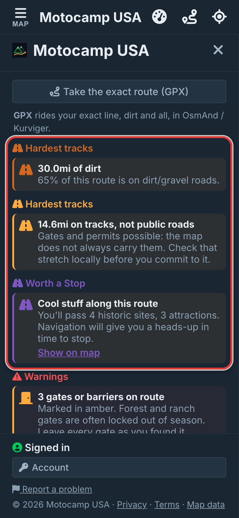 Plan Route and read the notes, on a phone