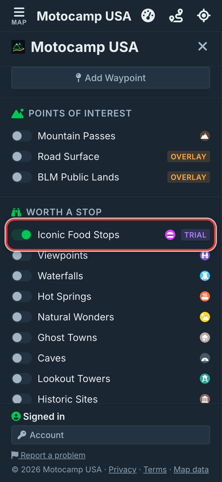 Iconic Food Stops, the first switch under Worth a Stop.