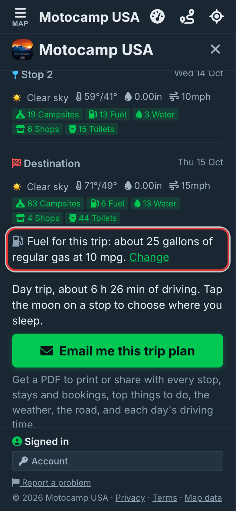 See the gallons for the trip, on a phone
