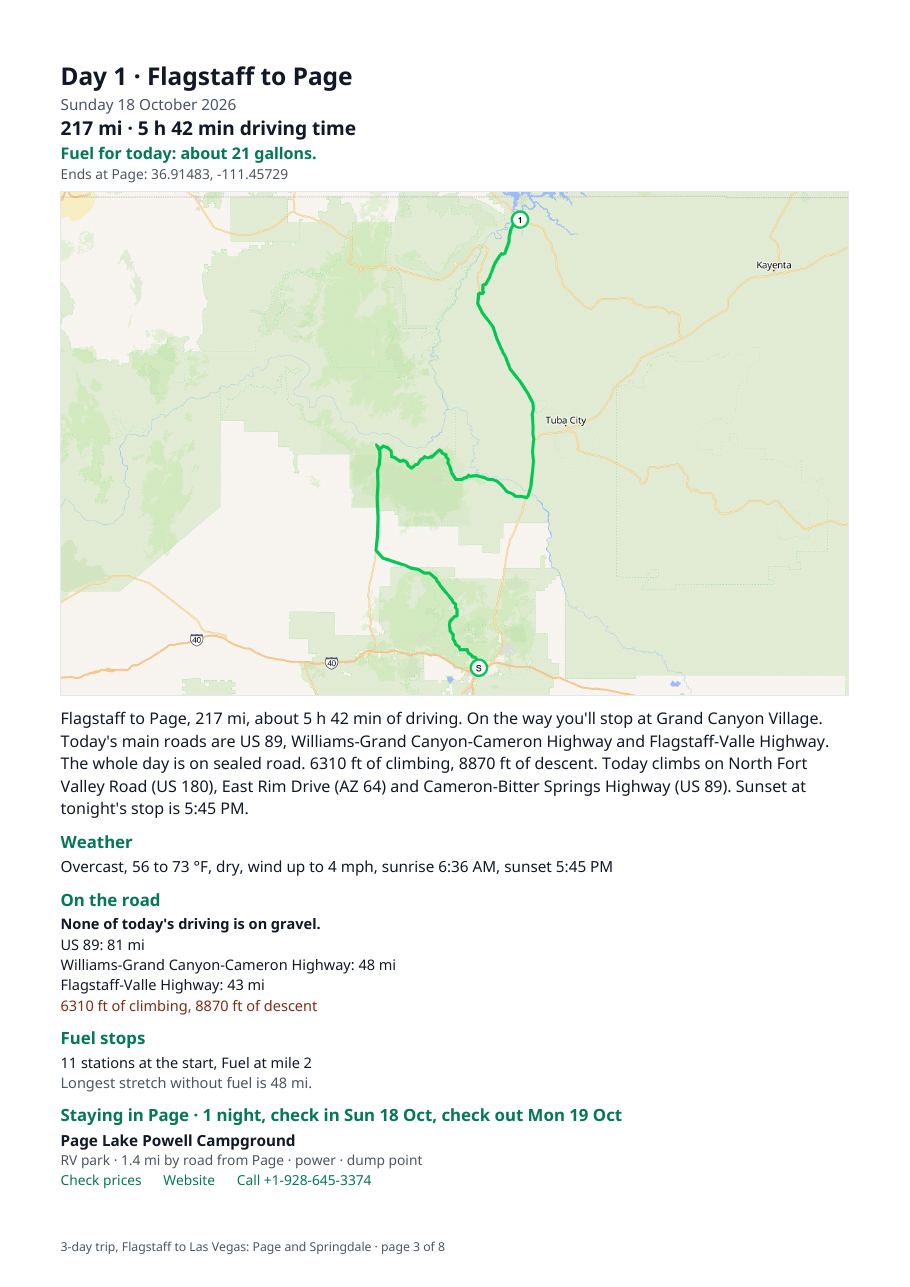 A day page of the trip plan PDF, with that day's gallons under the distance
