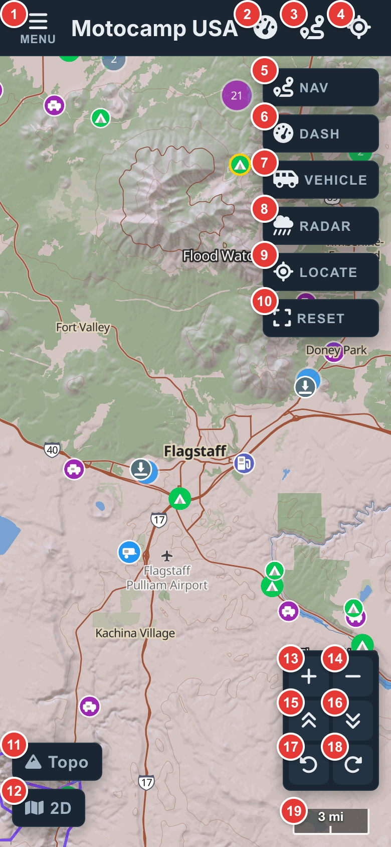The main map on a phone, with each button numbered.