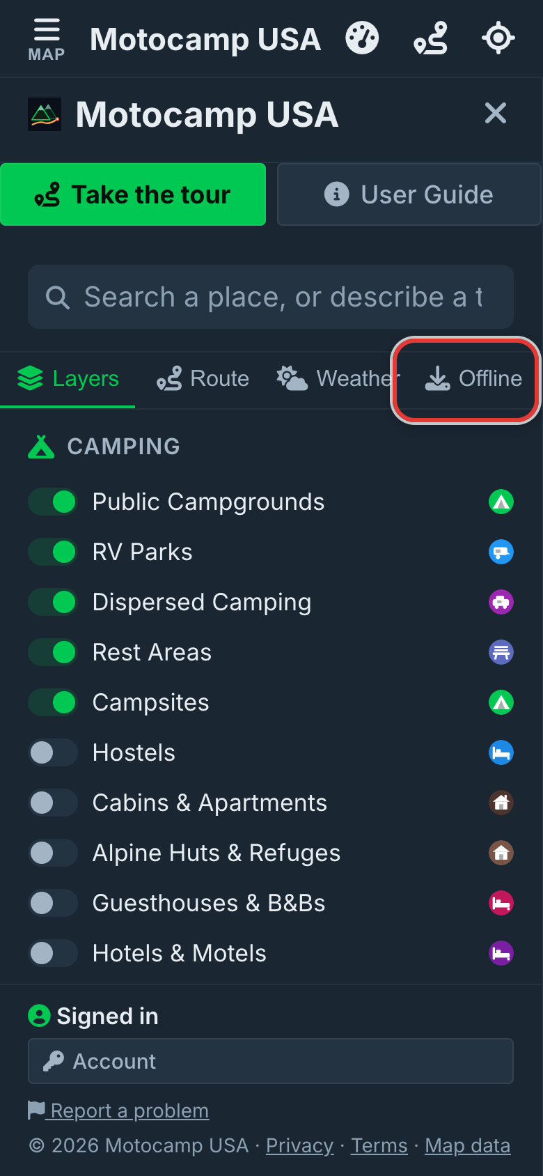 Open Menu, then Offline, on a phone