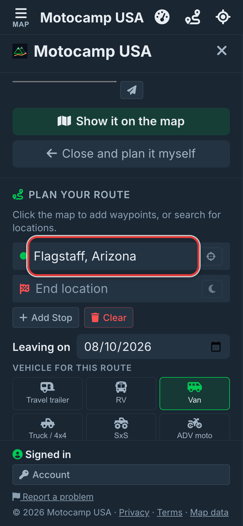 Type your Start location, on a phone