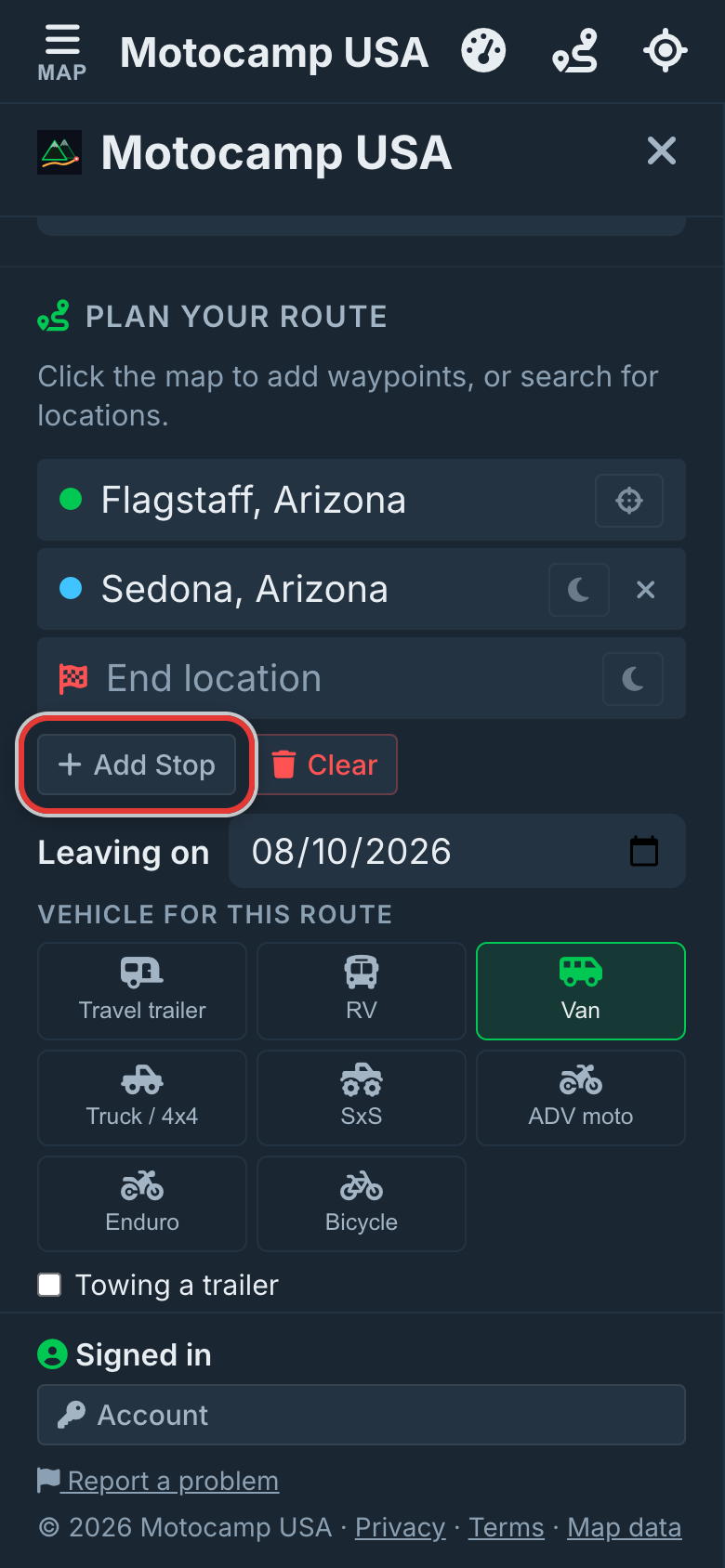 Tap Add Stop for each stop, on a phone