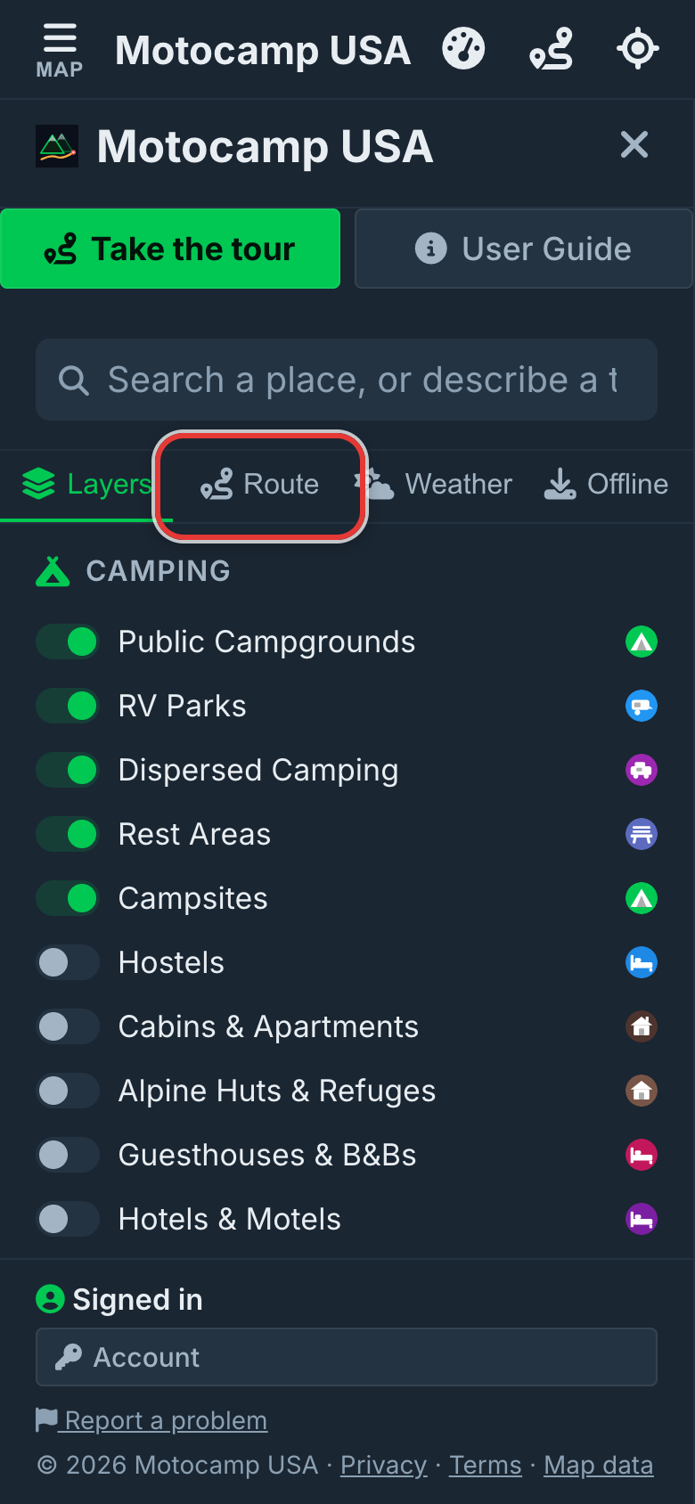 The Route tab, where Plan with AI lives.