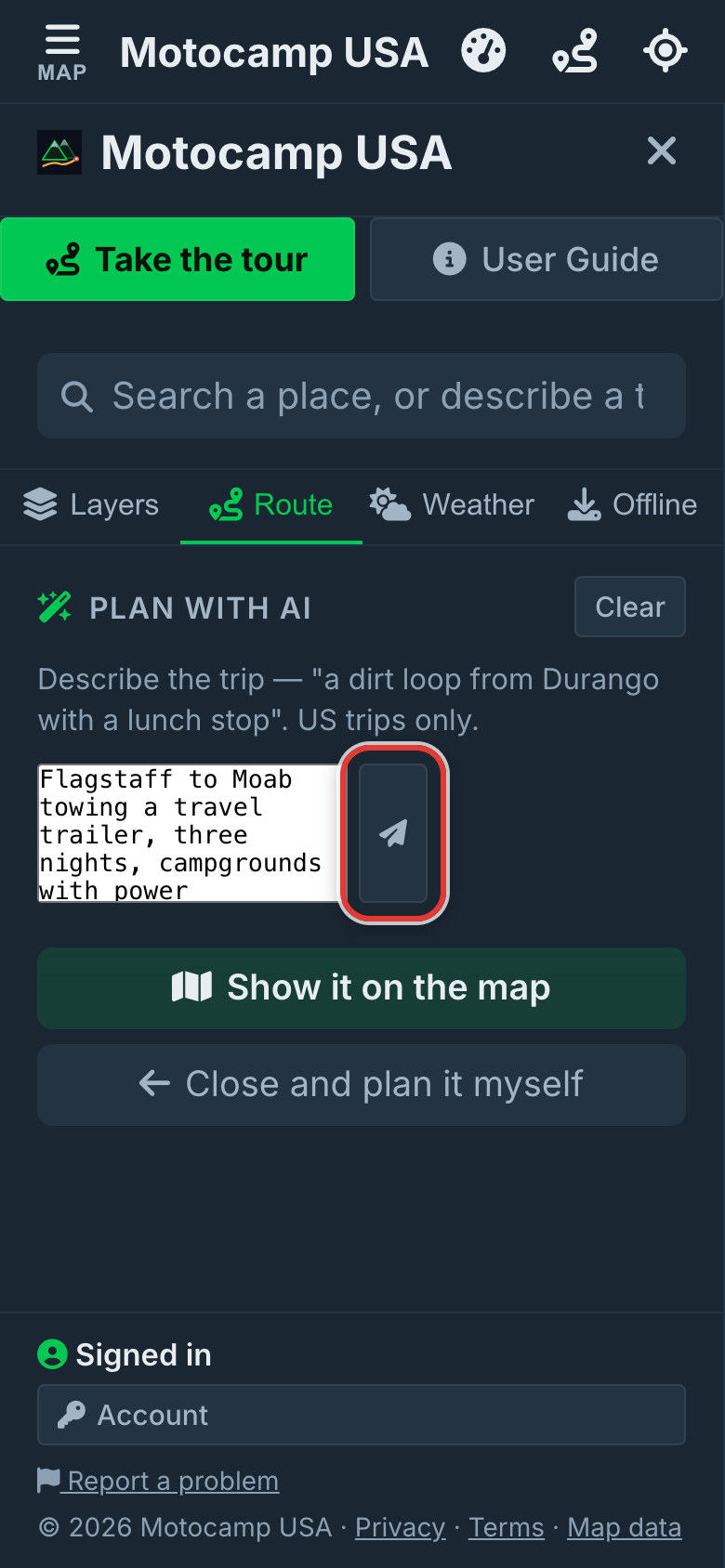 The paper plane button sends your trip.