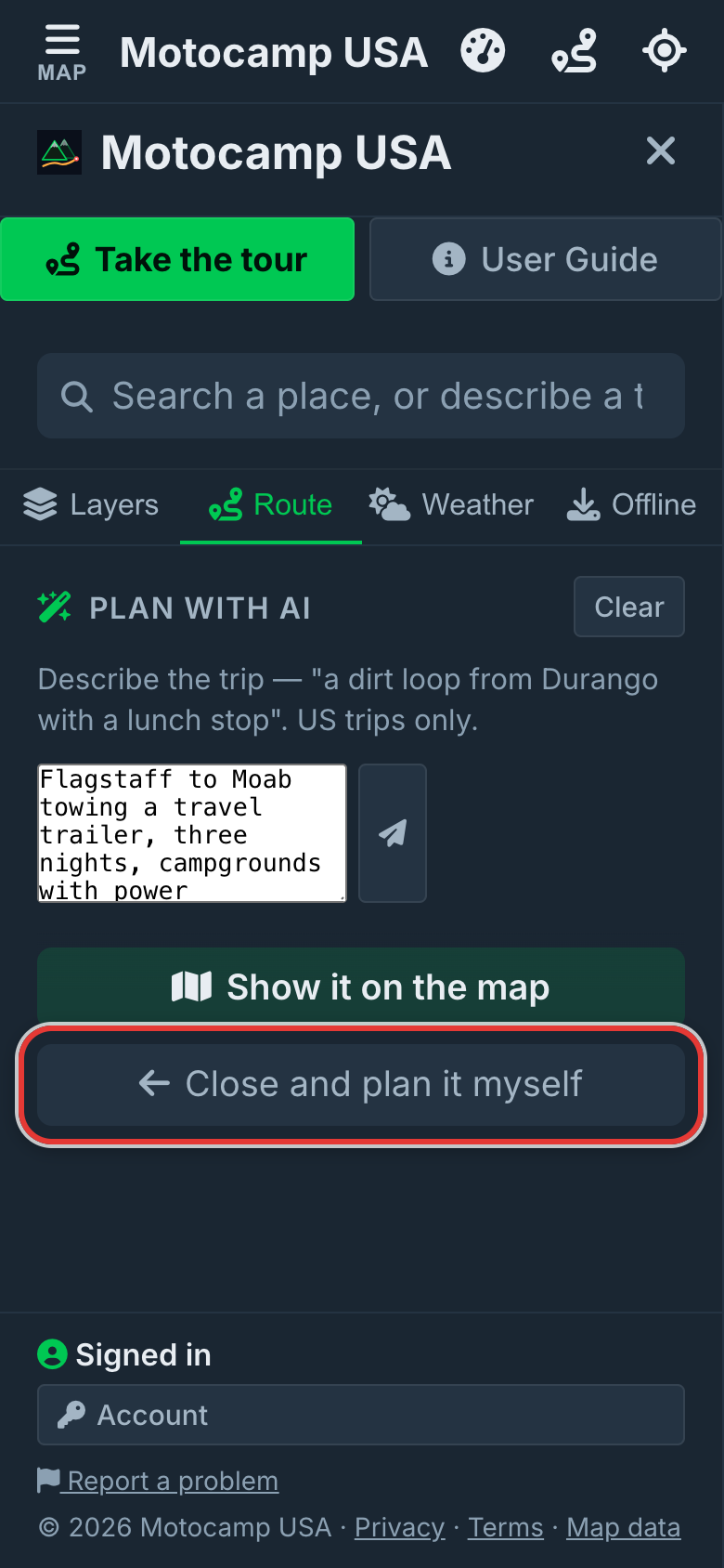 Close AI planner, at the bottom of the planner, also gives the Route tab back.