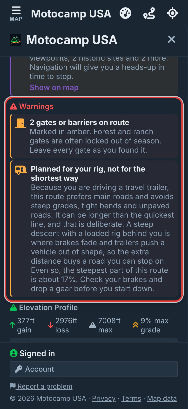 Plan Route, then read Warnings, on a phone