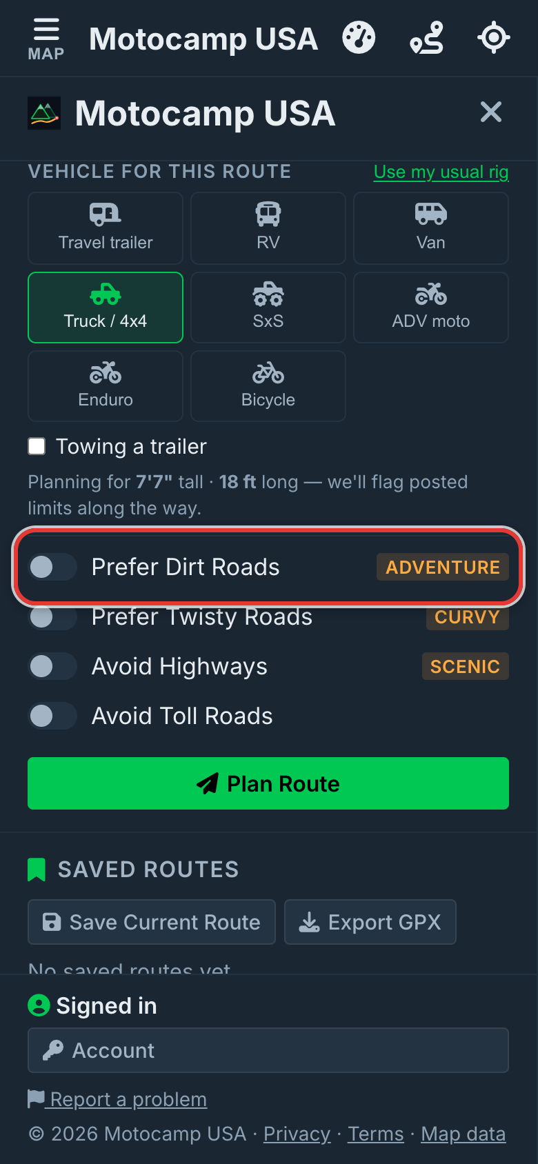 Open Menu, then Route, on a phone