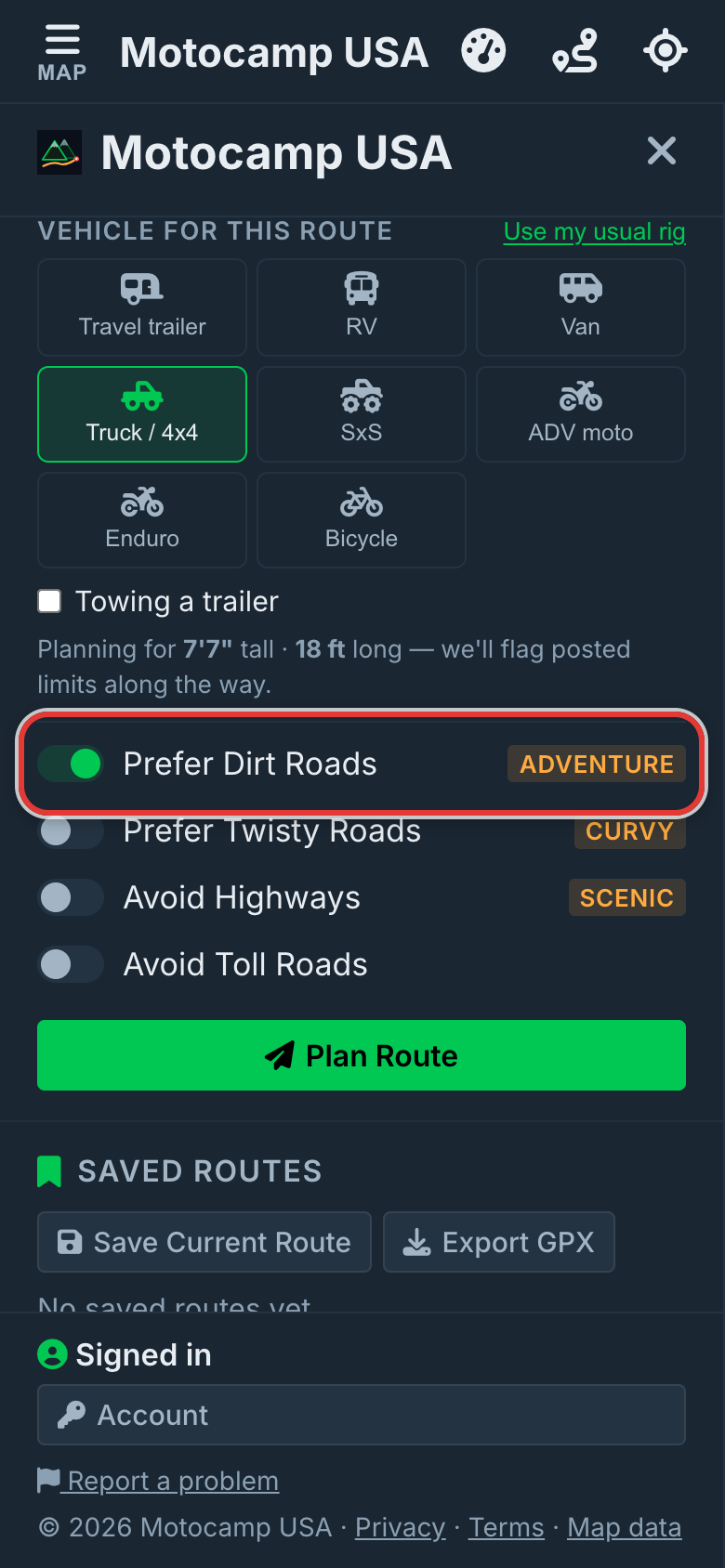 Turn on Prefer Dirt Roads, on a phone