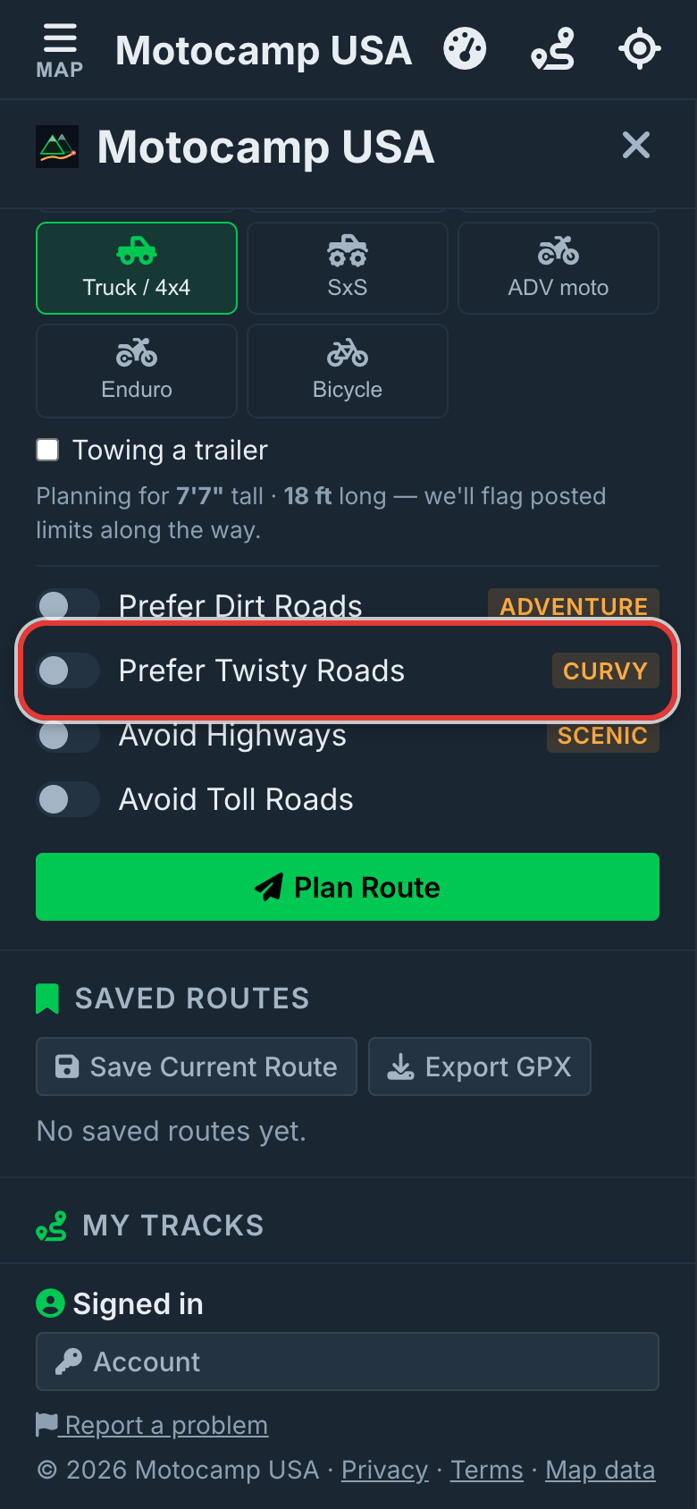 Twisty, highways and tolls, on a phone