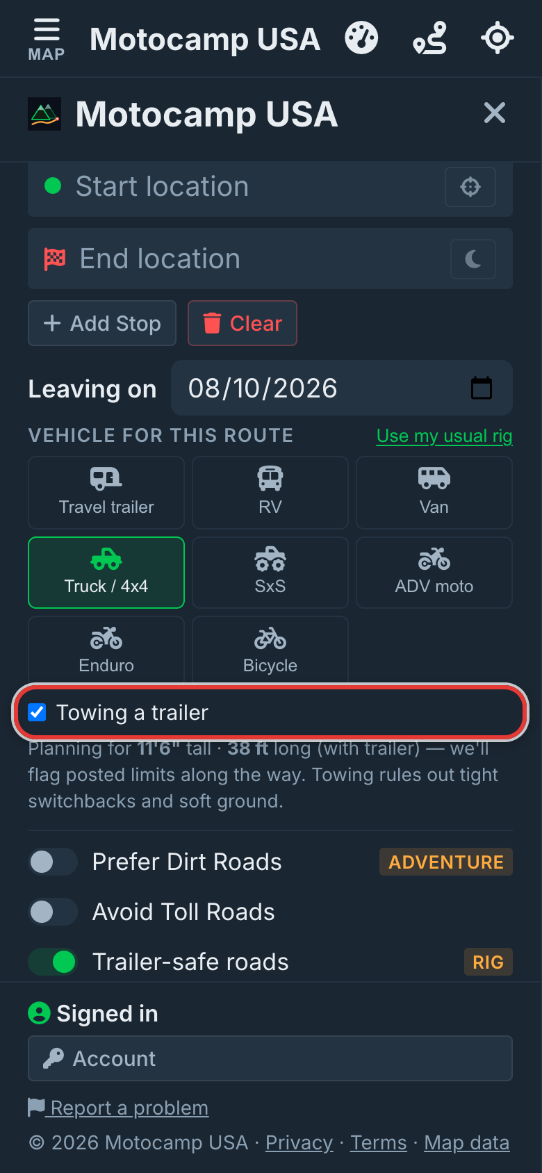 Pick your rig, or tick towing, on a phone