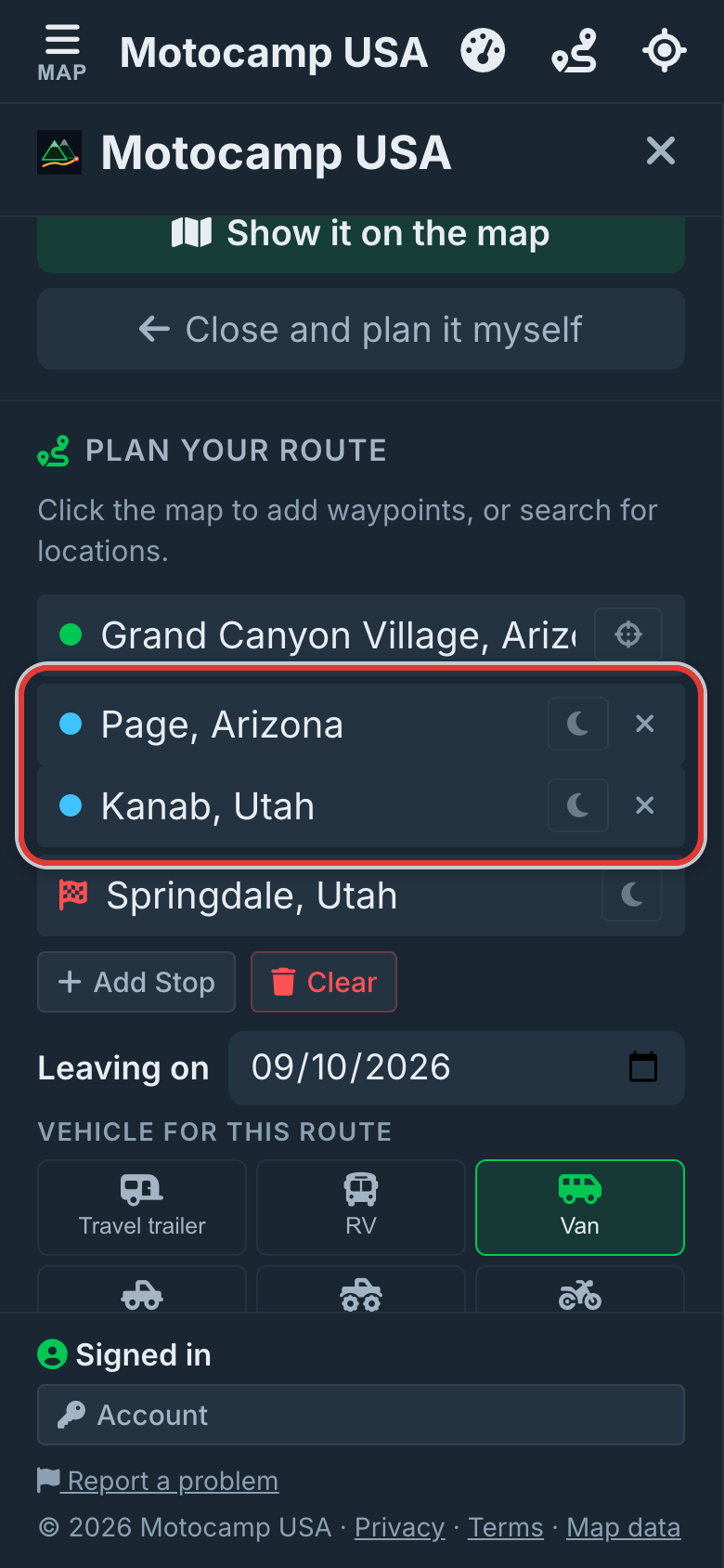 Plan a trip with several stops, on a phone
