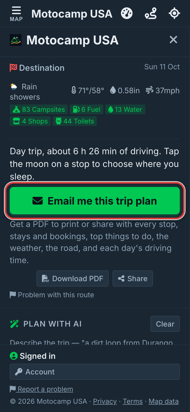 Email me this trip plan, in the Route Summary.