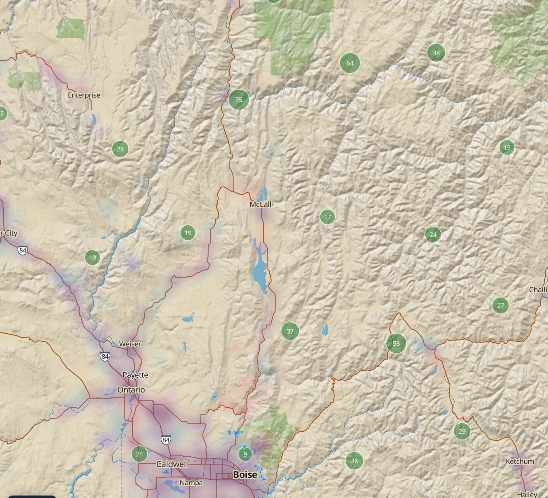 Cell coverage over central Idaho in Motocamp USA: a coloured haze along the Boise and Payette valleys and around the towns, and nothing at all across the Frank Church backcountry between McCall, Challis and Salmon.