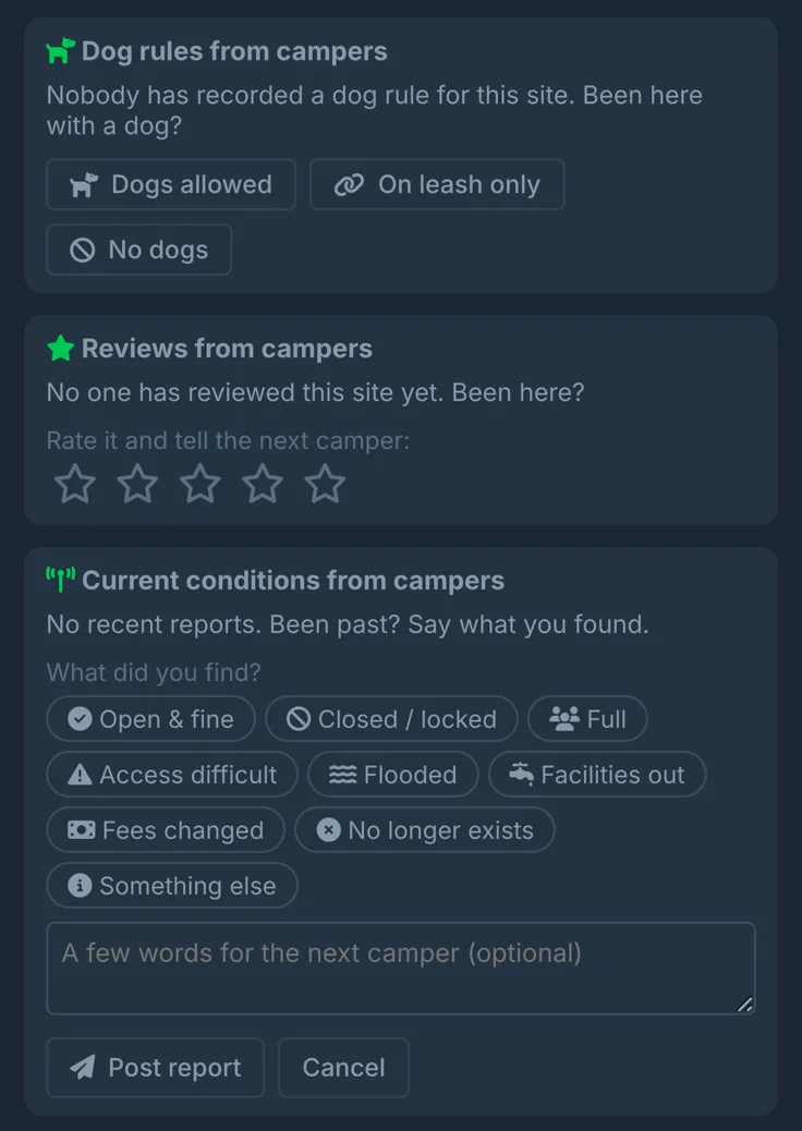 The campsite panel's review section: camper-reported dog rules with three answer buttons, a five-star review prompt, and a current-conditions report form with tags like Closed, Full, Flooded and Fees changed.