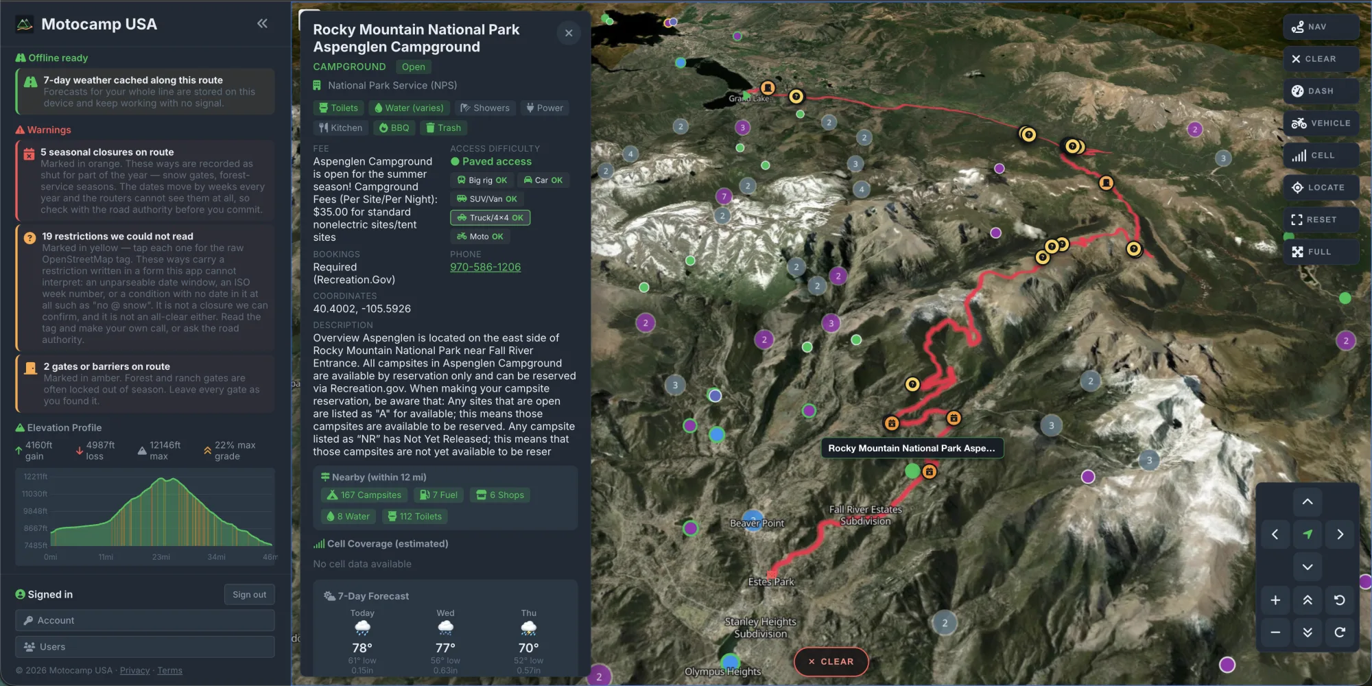 Motocamp USA in 3D satellite view over Rocky Mountain National Park, a red route climbing from Estes Park past Aspenglen Campground, whose panel shows the fee, the bookings line and what each vehicle can get in on.