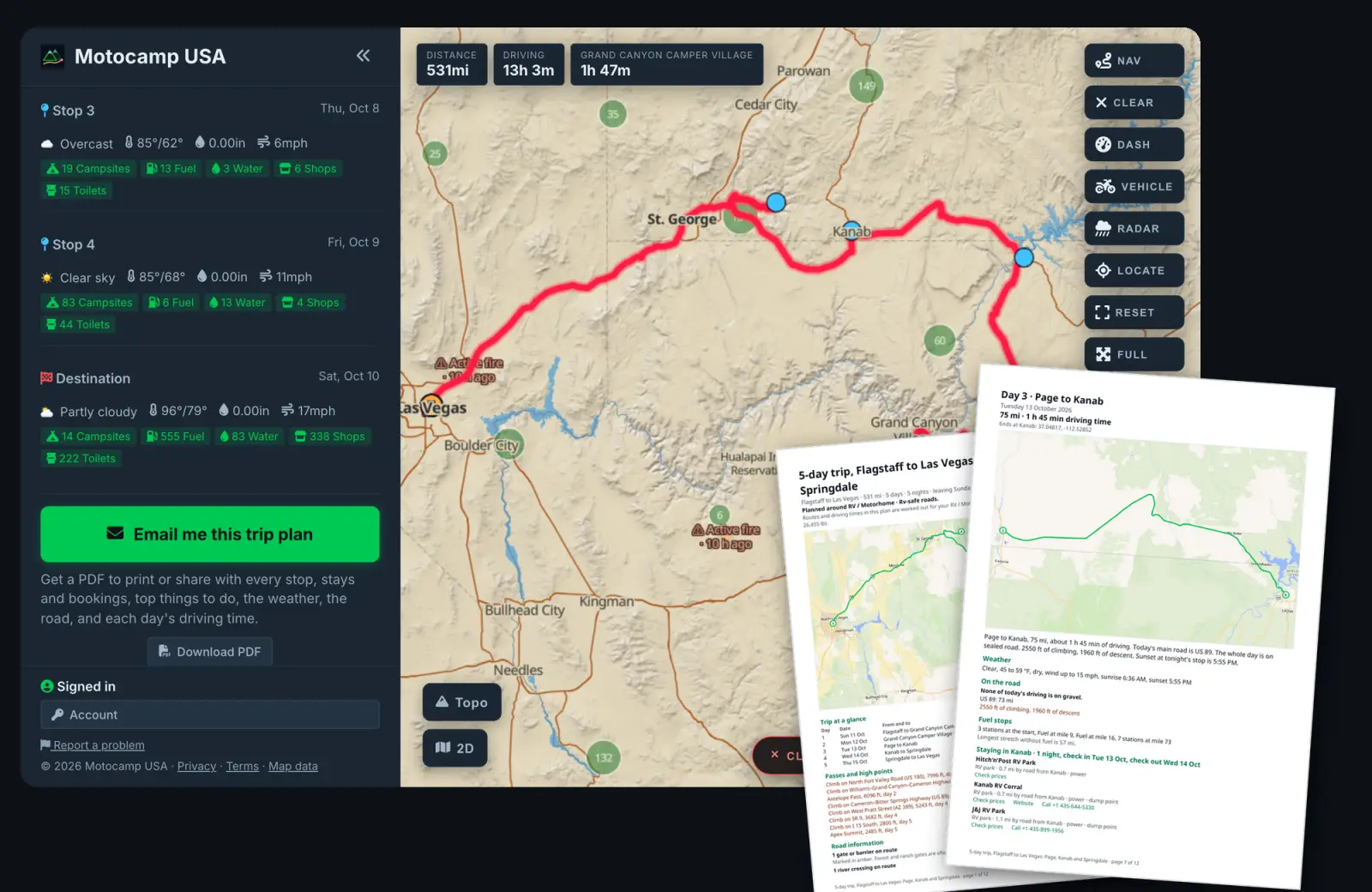The Motocamp USA route planner showing a five-day RV trip from Flagstaff past the Grand Canyon to Las Vegas with the Email me this trip plan button, beside two printed pages of its PDF trip plan: the cover with the trip map and the day table, and day three, Page to Kanab, with its map, fuel stops and RV parks by road.