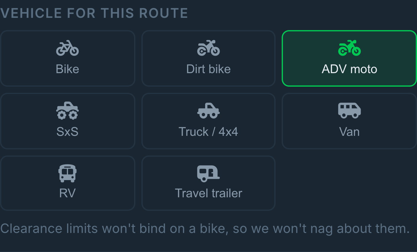 The Vehicle for this route panel in the app, with eight options: Bike, Dirt bike, ADV moto, SxS, Truck / 4x4, Van, RV and Travel trailer. ADV moto is selected.